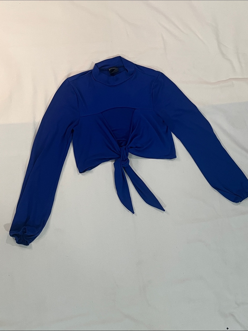 Tie-Front Long Sleeve Crop Top in Royal Blue